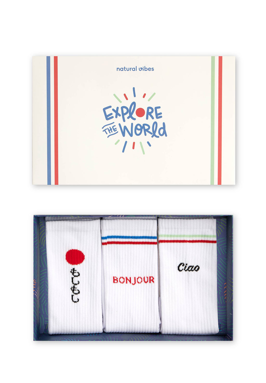 Organiczne skarpety typu crew z bio bawełny - 3-pak prezentowy „Paszport na podróż”