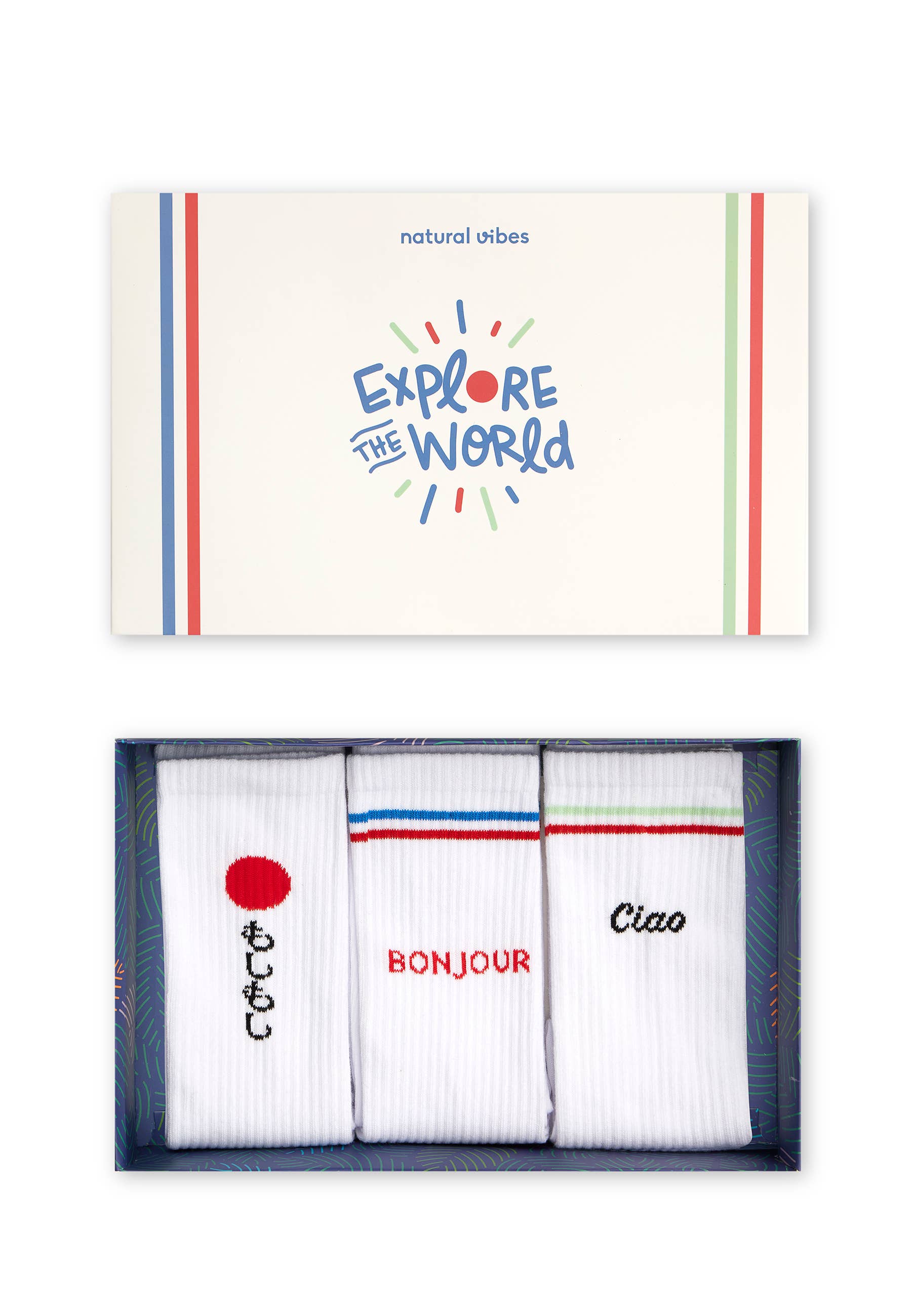 Organiczne skarpety typu crew z bio bawełny - 3-pak prezentowy „Paszport na podróż”