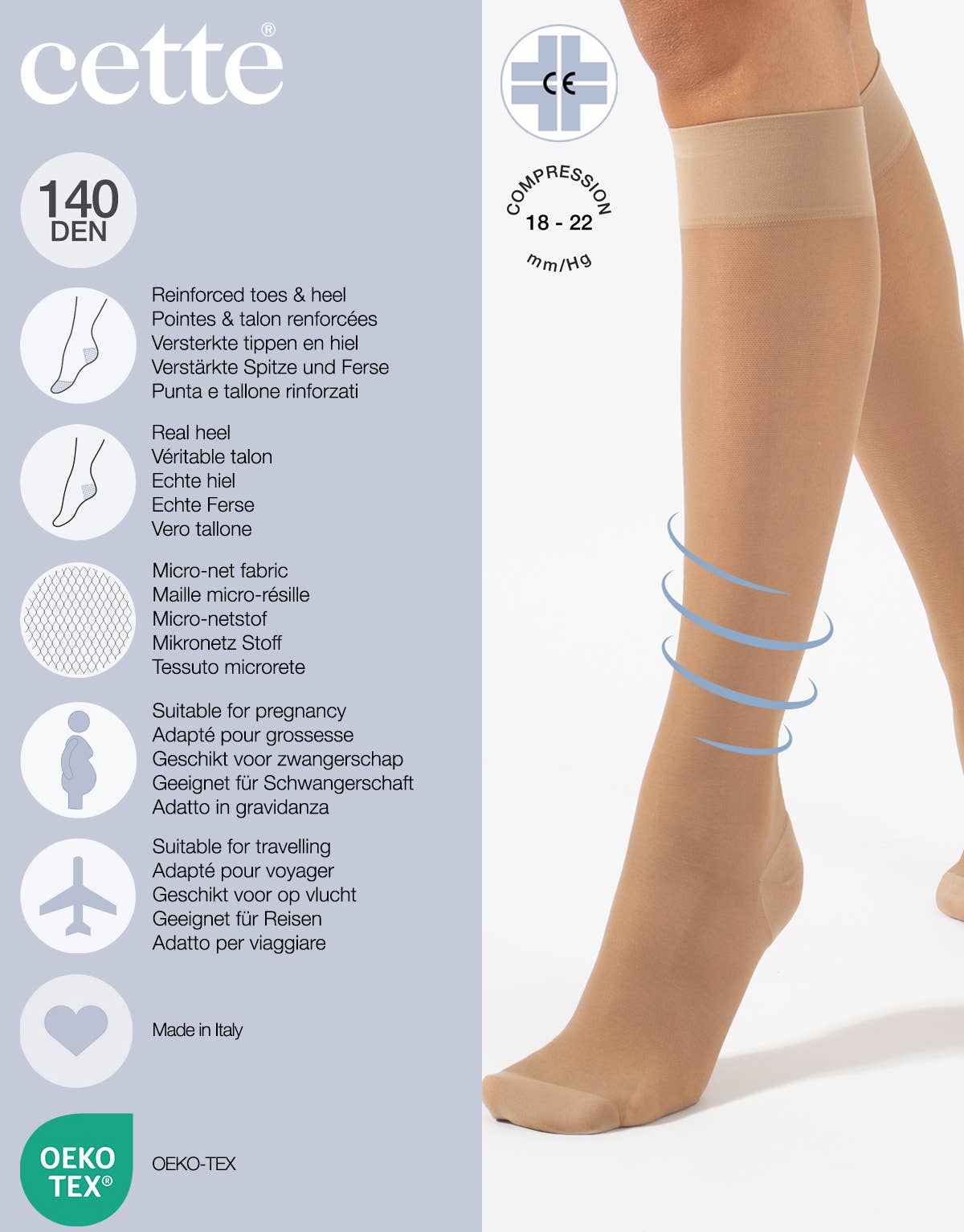 Strong Compression Knee High Socks 140 DEN, Travel Socks: Beige / L/XL